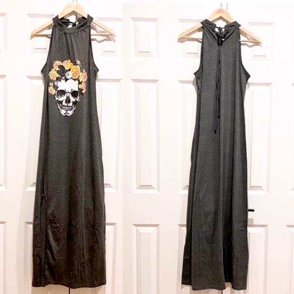 Skull & Roses Maxi Dress NEW Charcoal Gray - Picture 6 of 12